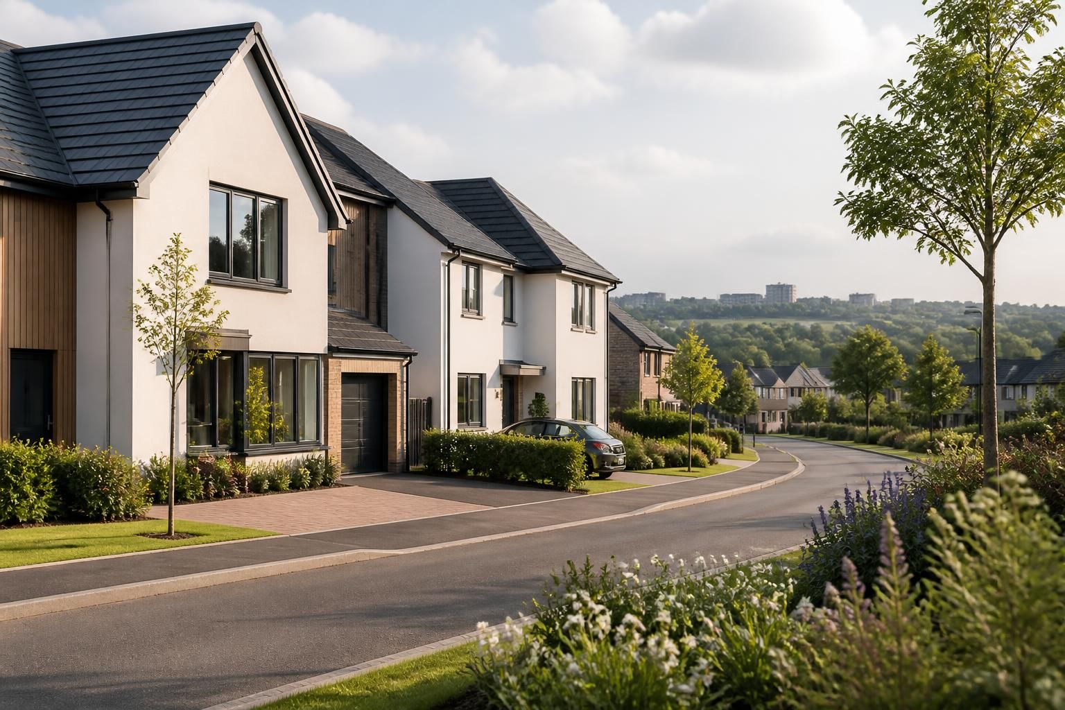Residential scene with modern homes and landscaped verges.
