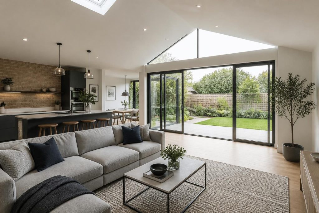Finished open-plan home extension with bright kitchen and living space.