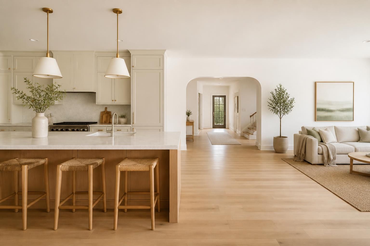 Bright finished kitchen and living space with open negative space.