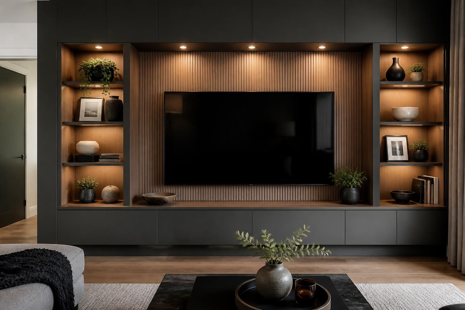 Stylish finished media wall with integrated shelving and lighting.