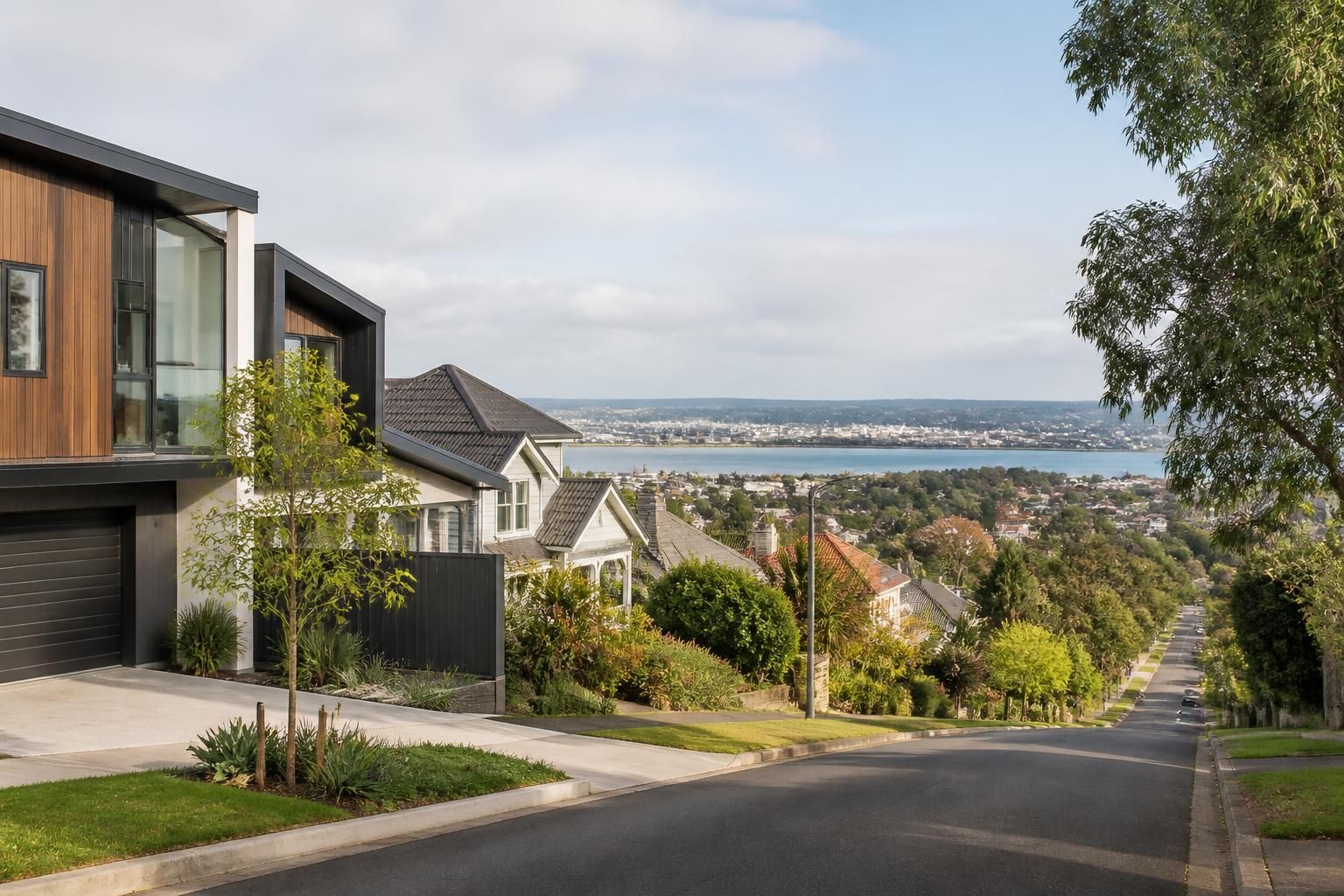 Town-edge residential scene with modern and traditional homes.