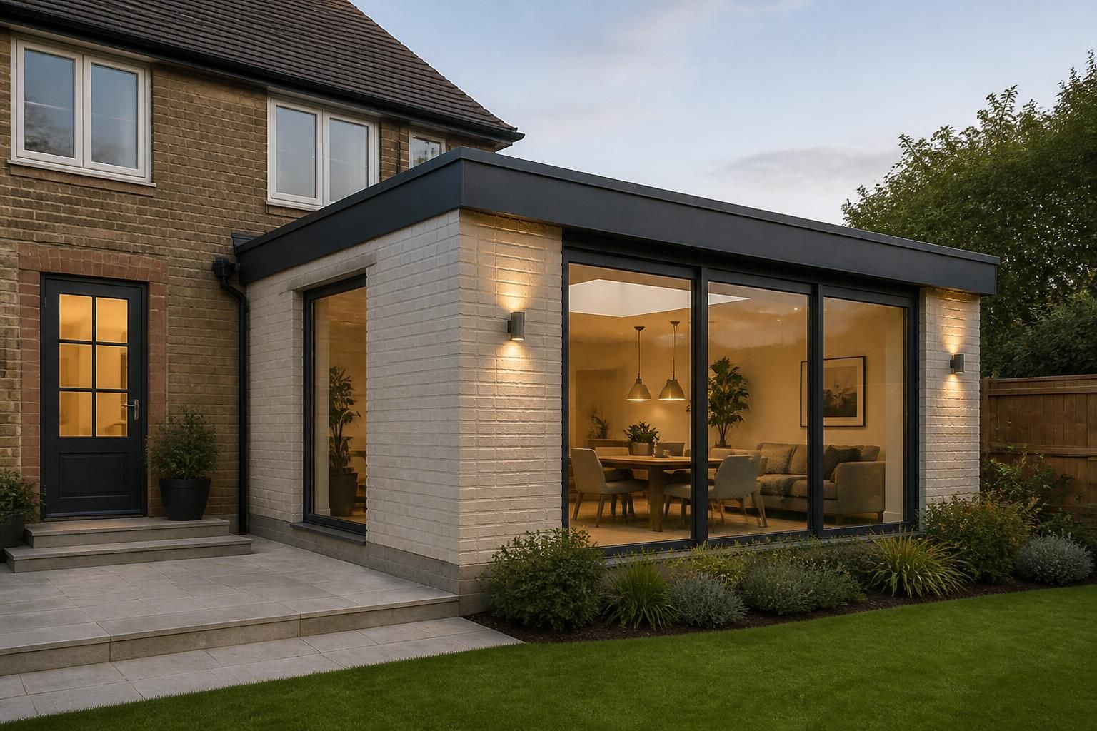 Finished home extension with large windows and refined materials.
