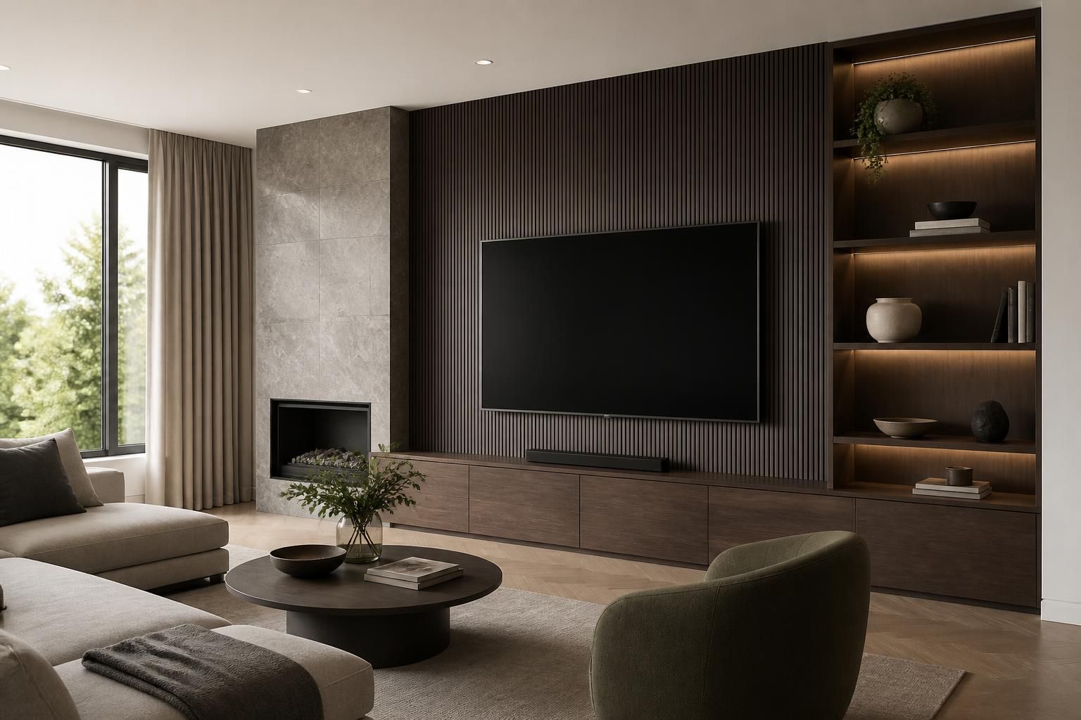 Modern living room with stylish media wall and feature wall.