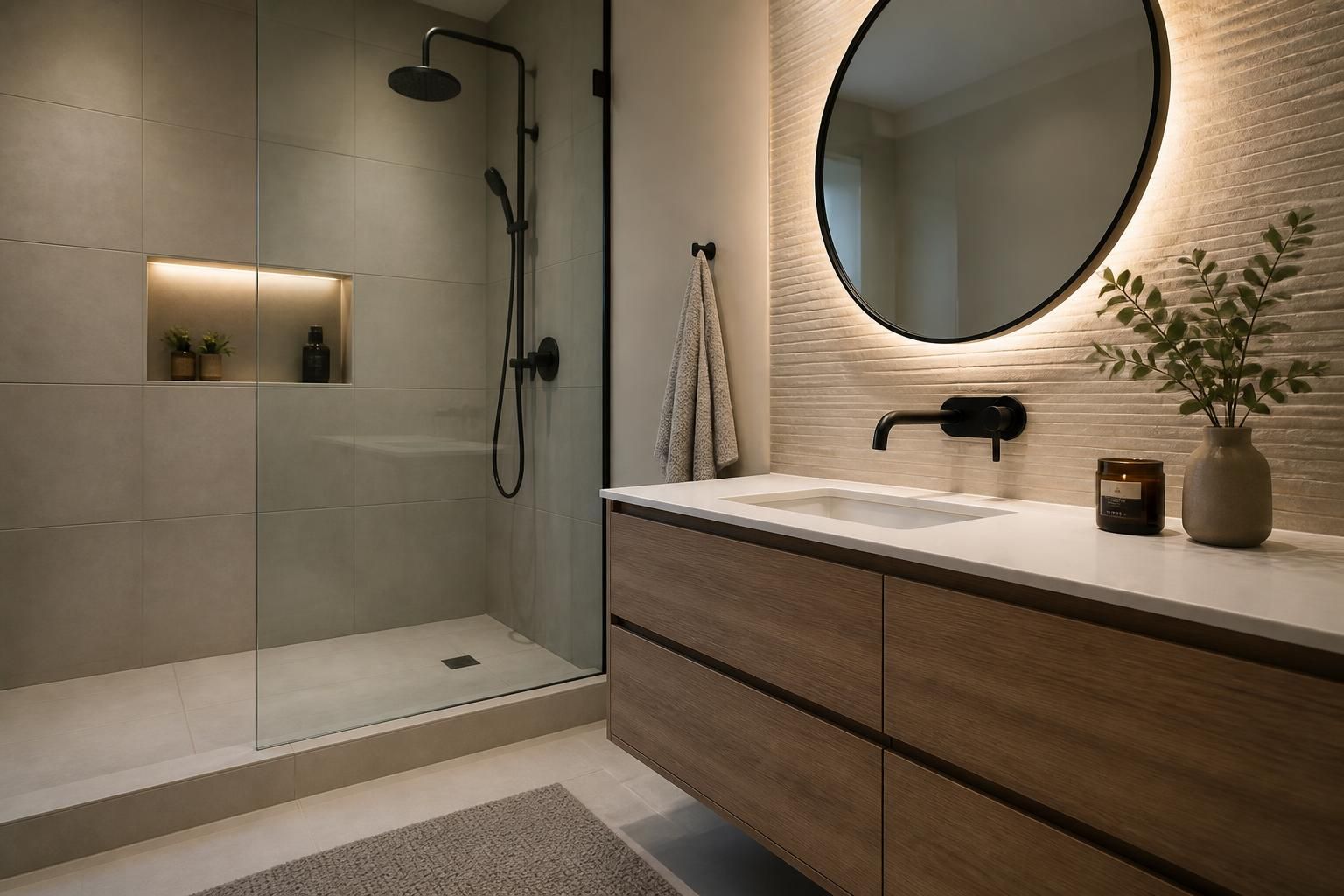 Modern bathroom with walk-in shower, tilework, and sleek vanity.