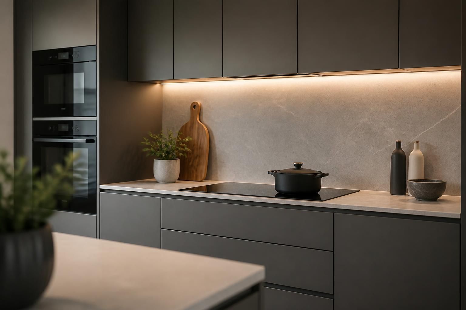 Modern fitted kitchen with stone worktops and streamlined cabinetry.