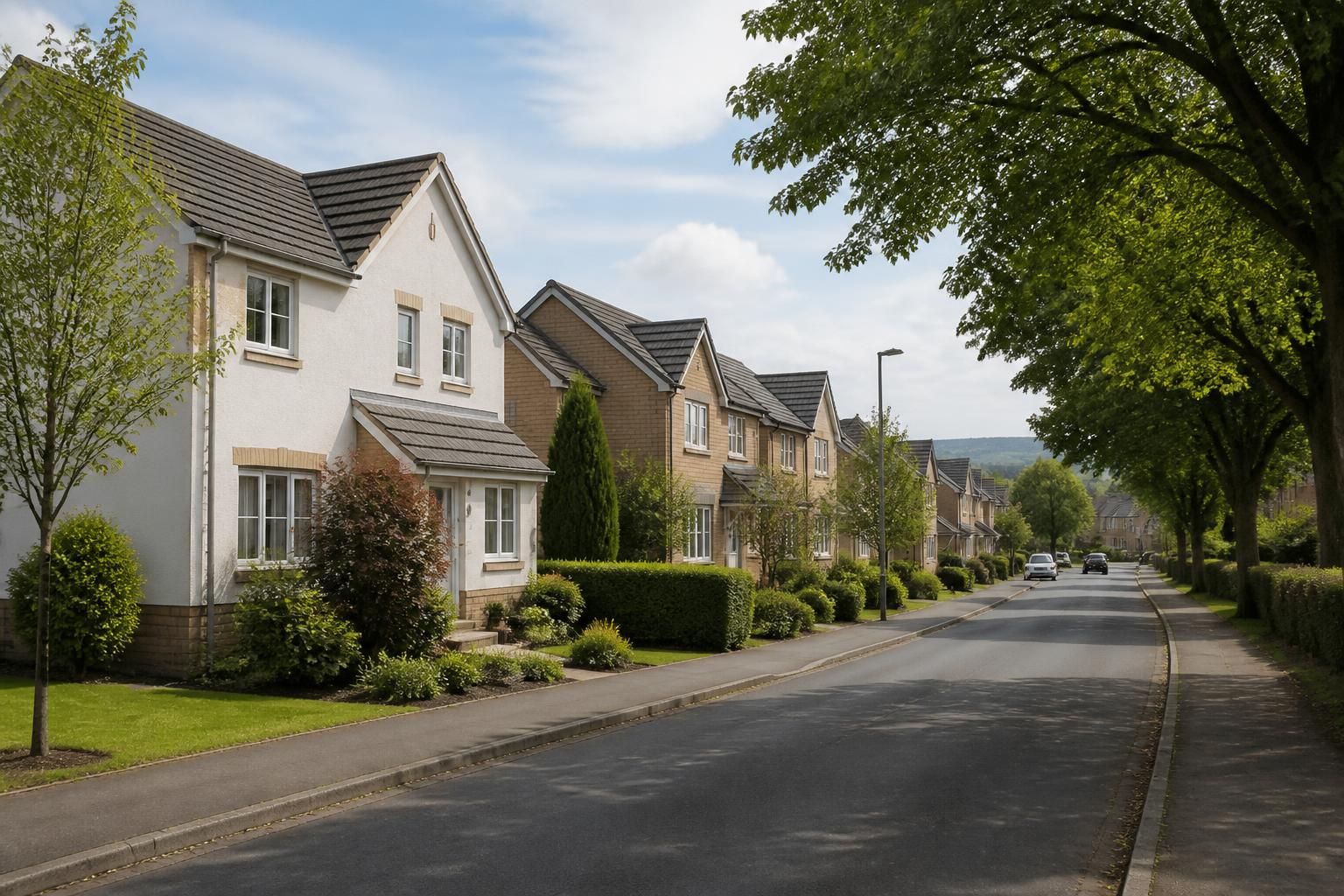 Suburban neighborhood with well-kept houses and mature trees.