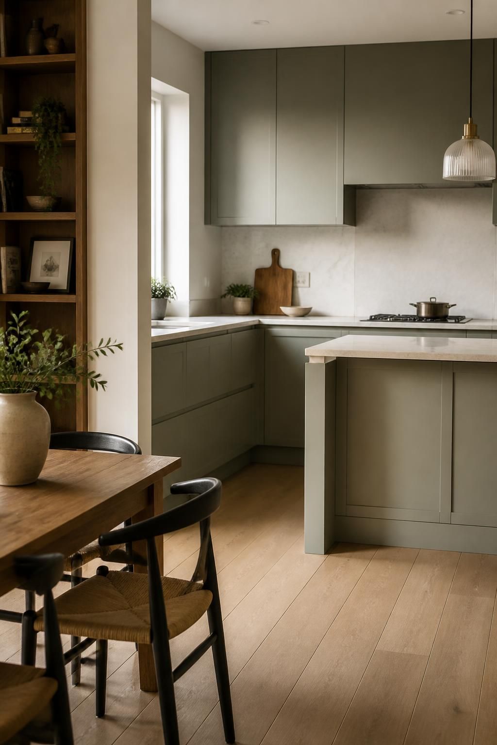Refurbished interior with fitted kitchen and bespoke joinery details.