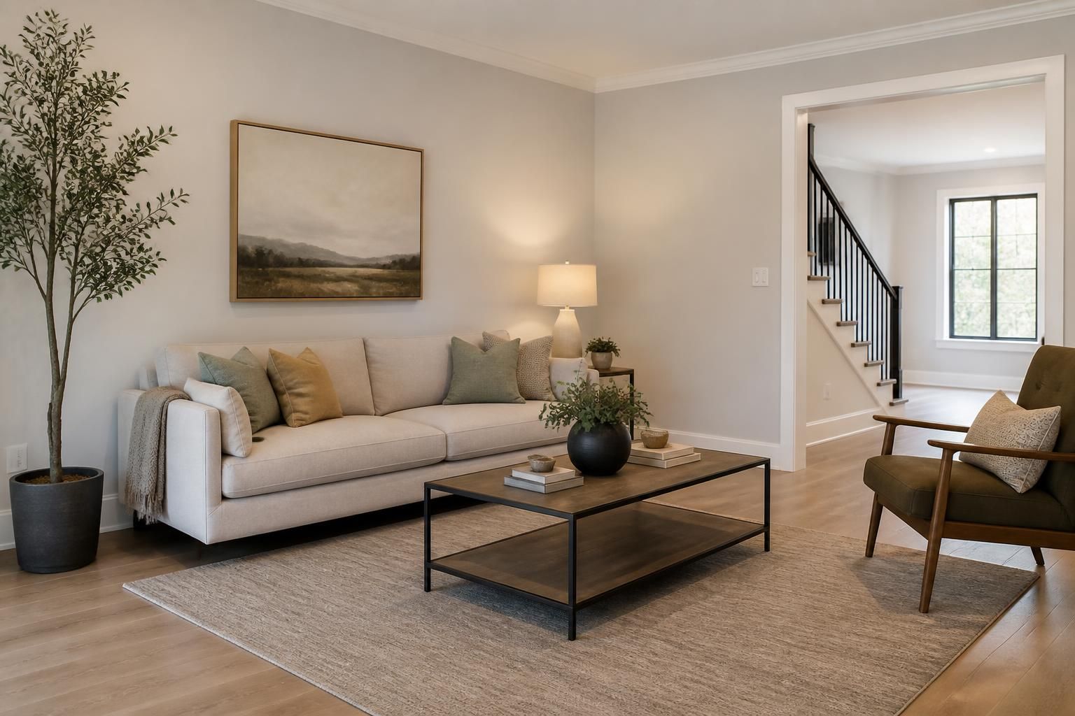 Fully refurbished living space with fresh finishes and neutral tones.