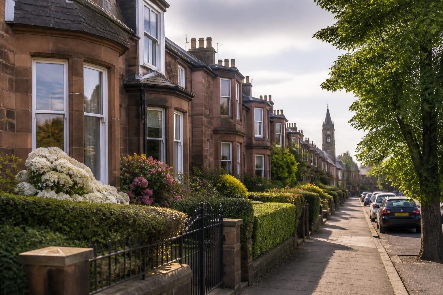 Residential street with traditional homes and tidy front gardens.